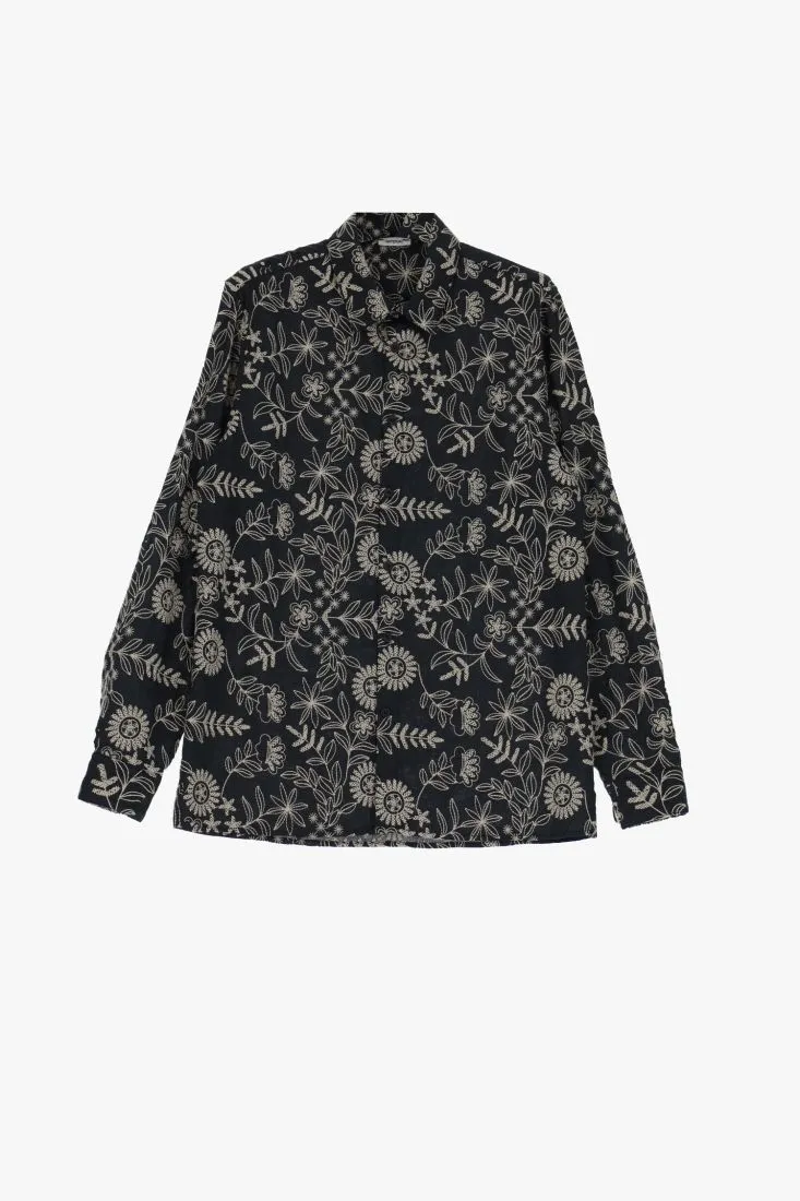 Camicia con ricamo fantasia botanica a contrasto