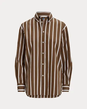 Camicia in cotone marrone a righe nere button down con logo tono su tono ricamato sul polsino