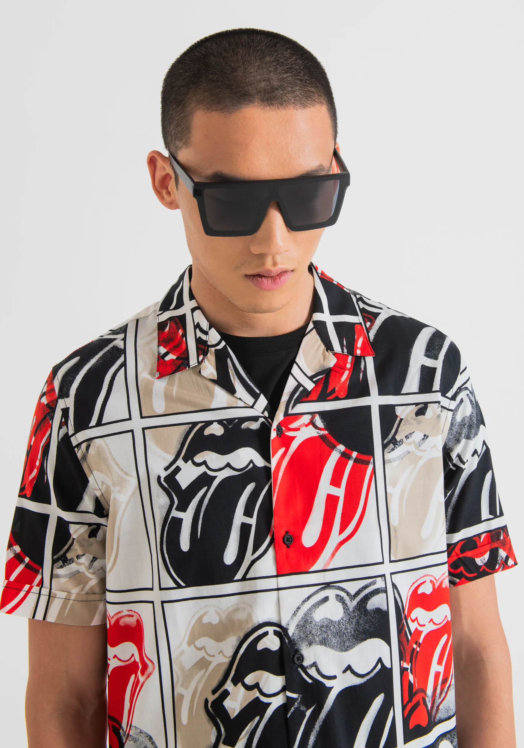 CAMICIA REGULAR STRAIGHT FIT “HONOLULU” IN COTONE MISTO VISCOSA CON STAMPA ROLLING STONES
