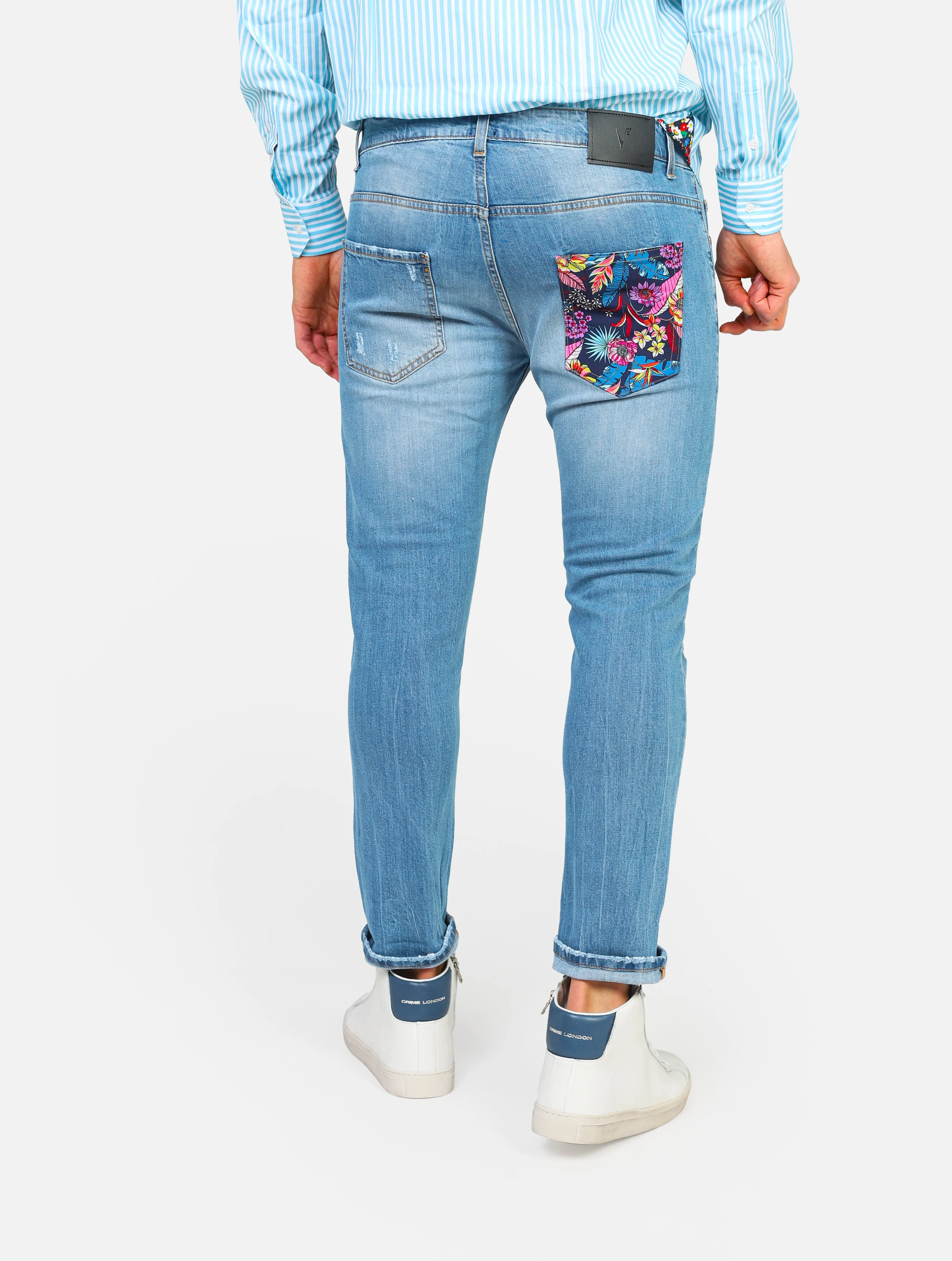 jeans 5 tasche con tasca patch posteriore in fantasia, piccole lacerazioni - JUAZTJ10DENIM