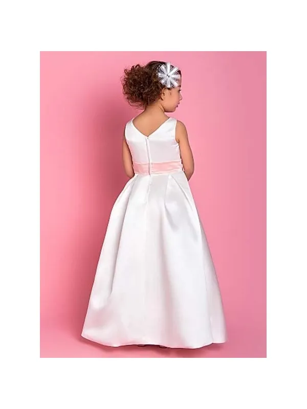 Vestito per prima comunione in raso bianco con cintura e fiori rosa